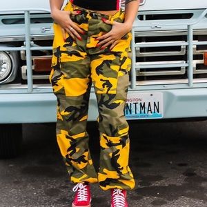 Yellow army cargo adjustable high waist